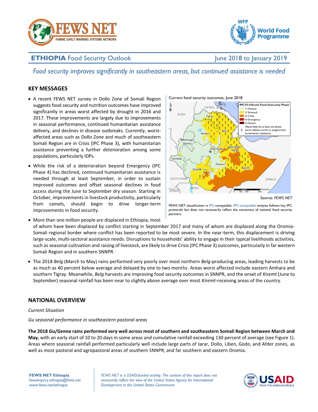 June 2018 to January 2019 Food Security Improves Significantly in Southeastern Areas, but Continued Assistance Is Needed