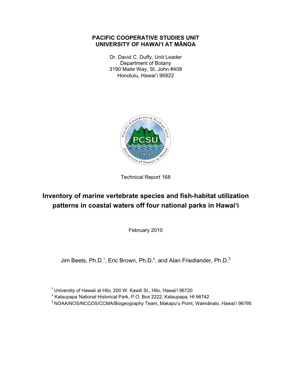 Inventory of Marine Vertebrate Species and Fish-Habitat Utilization Patterns in Coastal Waters Off Four National Parks in Hawai‘I