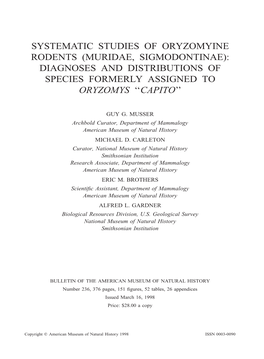 Systematic Studies of Oryzomyine Rodents (Muridae, Sigmodontinae): Diagnoses and Distributions of Species Formerly Assigned to Oryzomys ``Capito''