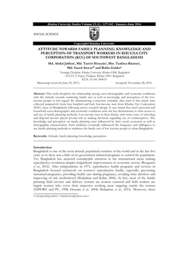 Attitude Towards Family Planning: Knowledge and Perception of Transport Workers in Khulna City Corporation (Kcc) of Southwest Bangladesh