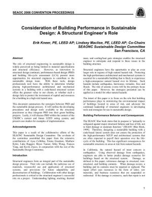 Consideration of Building Performance in Sustainable Design: a Structural Engineer’S Role