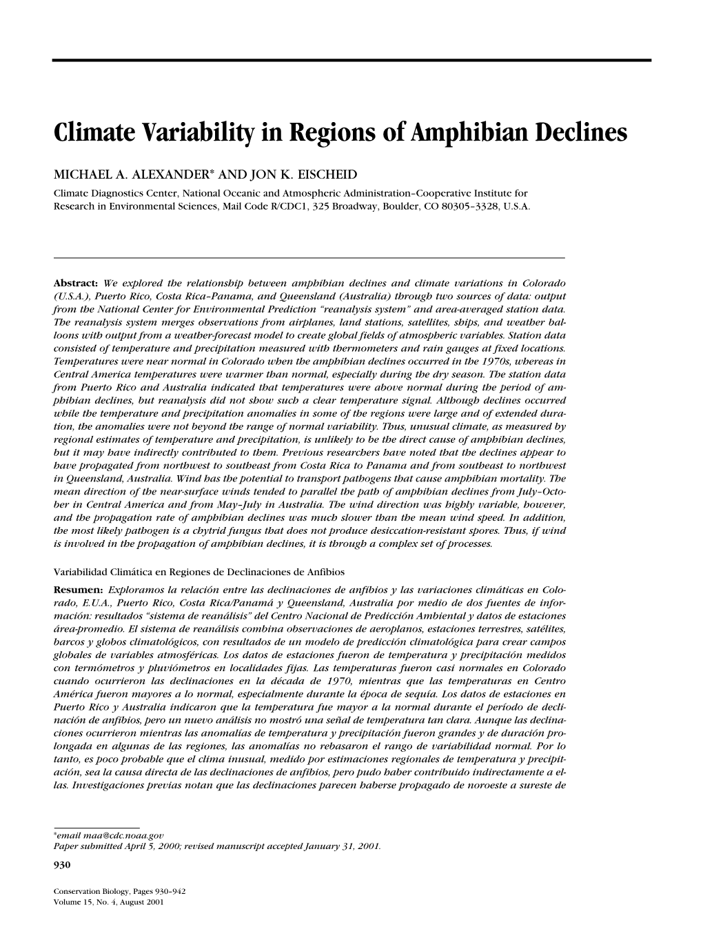 Climate Variability in Regions of Amphibian Declines