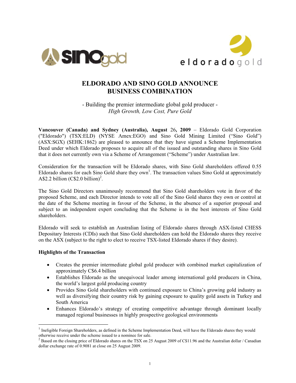 Eldorado and Sino Gold Announce Business Combination