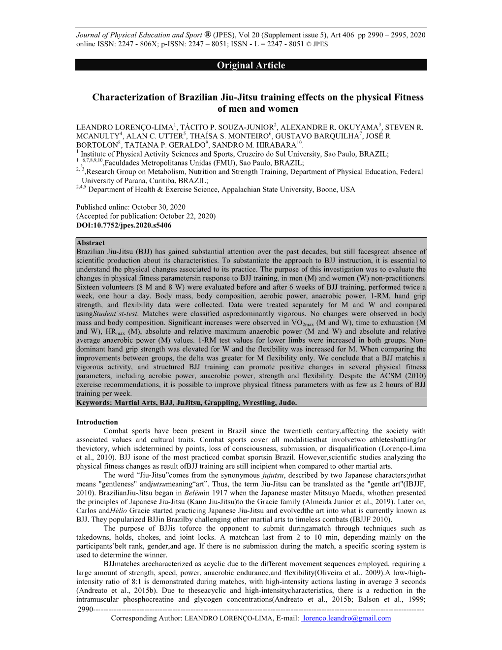 Original Article Characterization of Brazilian Jiu-Jitsu Training Effects On