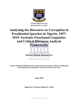 Analysing the Discourse on Corruption in Presidential Speeches in Nigeria, 1957- 2015: Systemic Functional Linguistics and Critical Discourse Analysis Frameworks