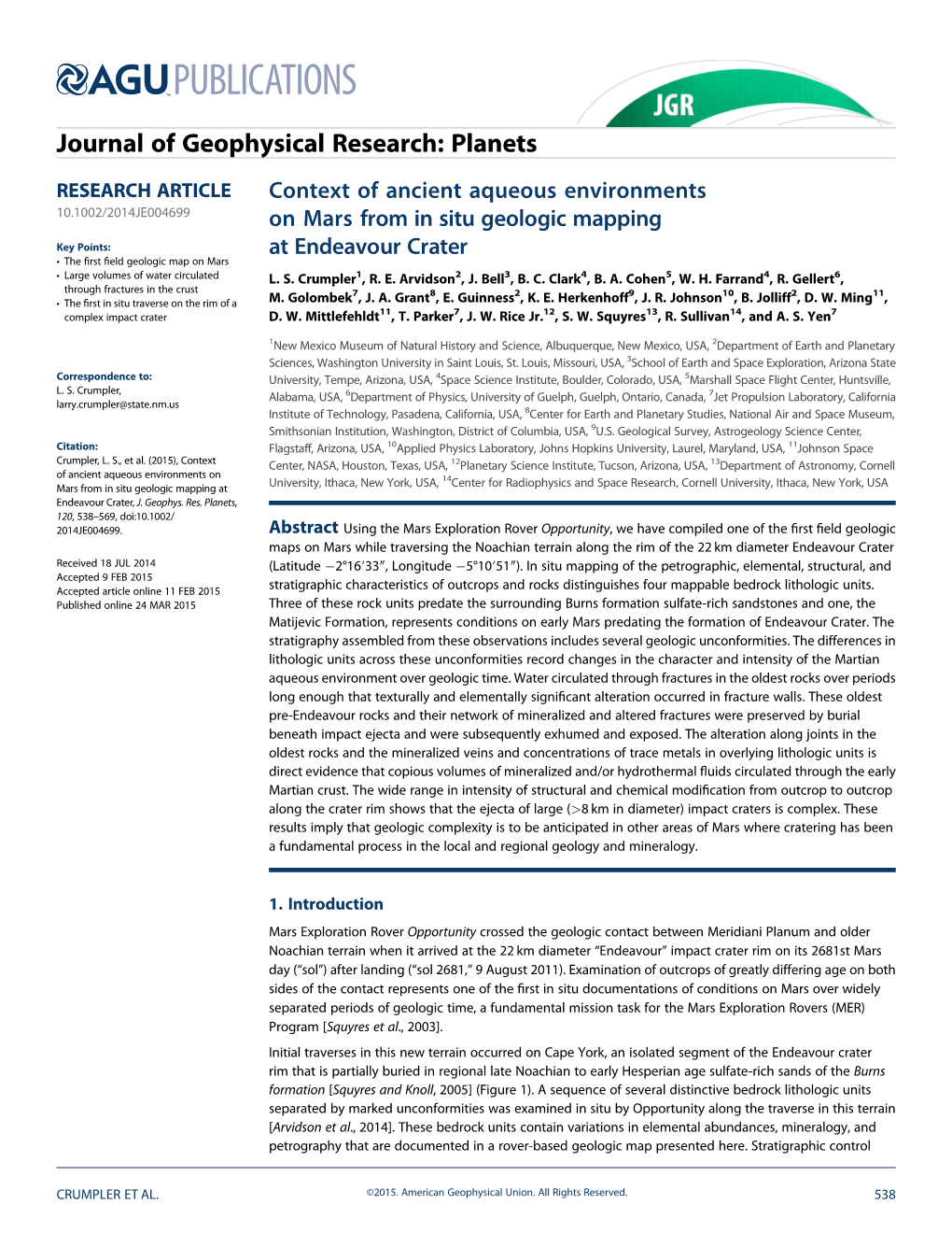 Context of Ancient Aqueous Environments on Mars from in Situ