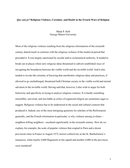Religious Violence, Certainty, and Doubt in the French Wars of Religion