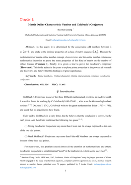 Chapter 1: Matrix Online Characteristic Number and Goldbach’S Conjecture