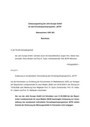 „JETIX“ Aktenzeichen: KEK 503 Beschluss in Der Rundfu