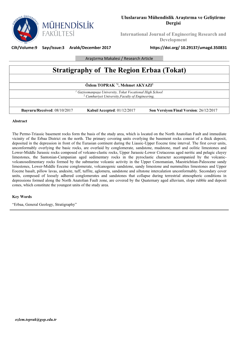 Stratigraphy of the Region Erbaa (Tokat)