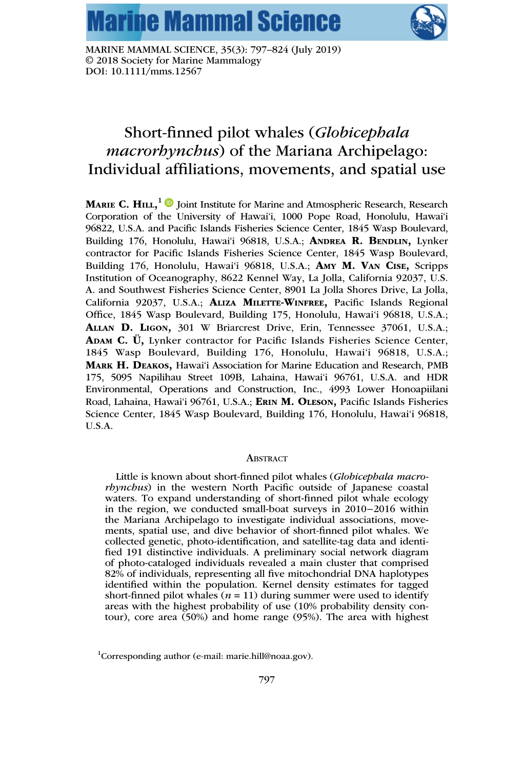 Short-Finned Pilot Whales (Globicephala Macrorhynchus) of the Mariana Archipelago: Individual Affiliations, Movements, and Spati