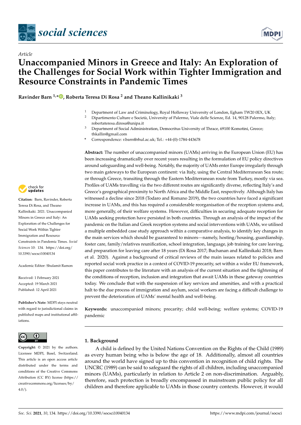 Unaccompanied Minors in Greece and Italy: an Exploration of the Challenges for Social Work Within Tighter Immigration and Resource Constraints in Pandemic Times