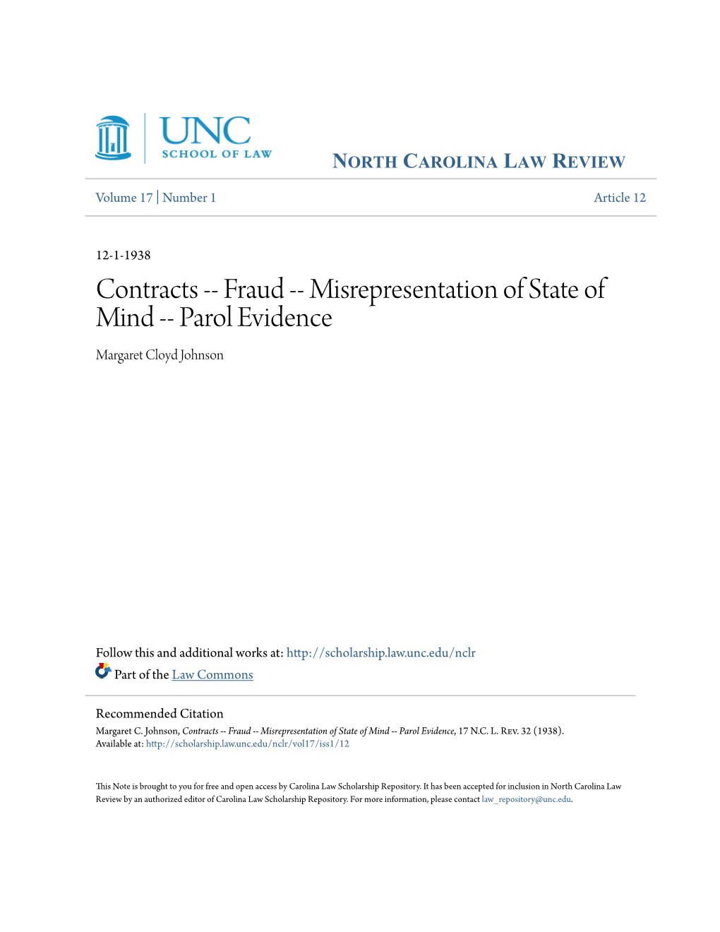 Fraud -- Misrepresentation of State of Mind -- Parol Evidence Margaret Cloyd Johnson