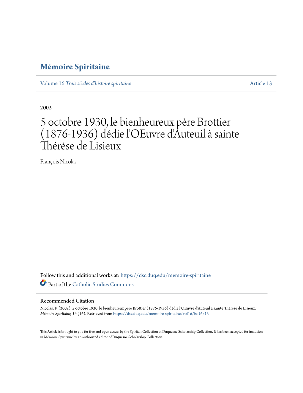 5 Octobre 1930, Le Bienheureux Père Brottier (1876-1936) Dédie L'oeuvre D'auteuil À Sainte Thérèse De Lisieux François Nicolas