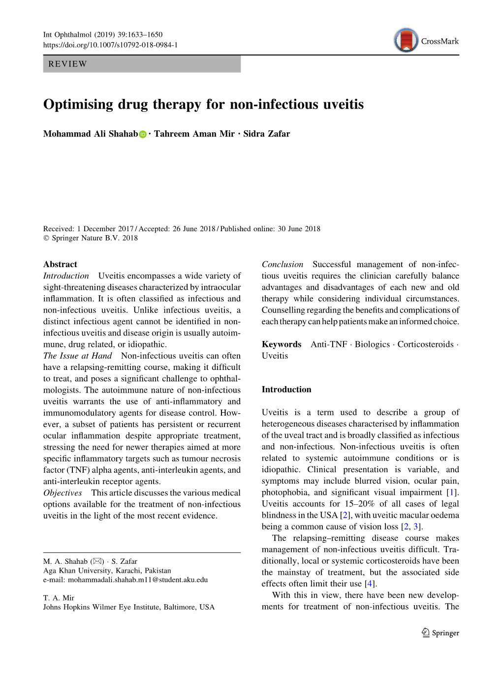 Optimising Drug Therapy for Non-Infectious Uveitis