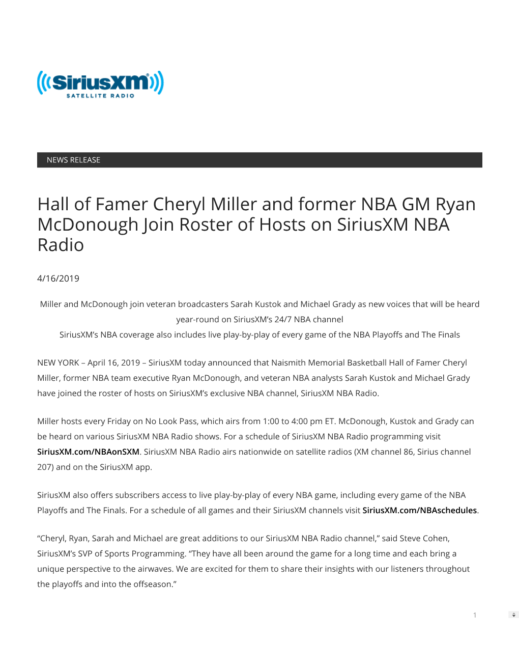 Hall of Famer Cheryl Miller and Former NBA GM Ryan Mcdonough Join Roster of Hosts on Siriusxm NBA Radio