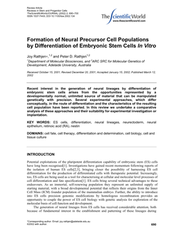 Formation of Neural Precursor Cell Populations by Differentiation of Embryonic Stem Cells in Vitro