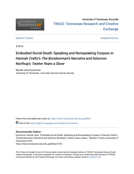 Embodied Social Death: Speaking and Nonspeaking Corpses in Hannah Crafts’S the Bondwoman’S Narrative and Solomon Northup’S Twelve Years a Slave