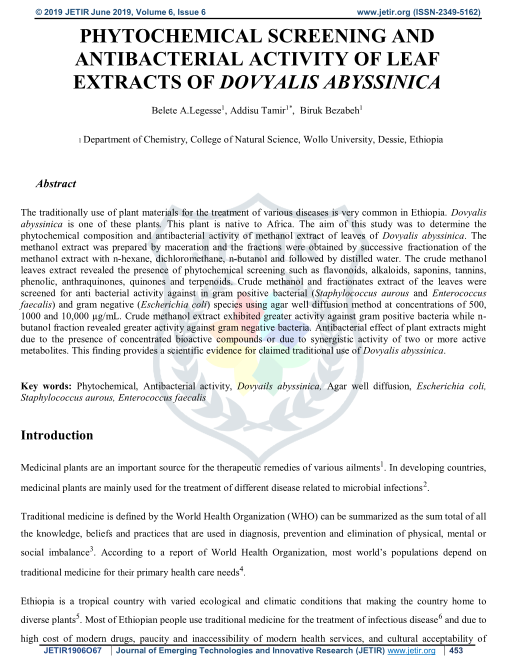 Phytochemical Screening and Antibacterial Activity of Leaf Extracts of Dovyalis Abyssinica