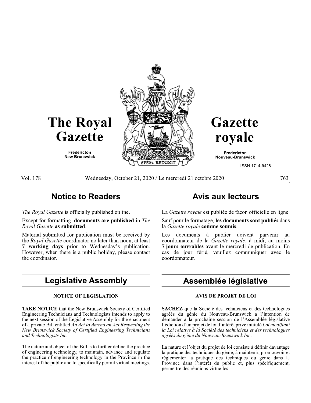 Royal Gazette / Gazette Royale (2020/10/21)