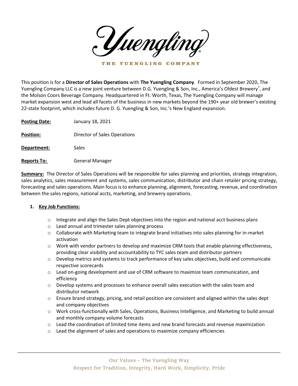 This Position Is for a Director of Sales Operations with the Yuengling Company