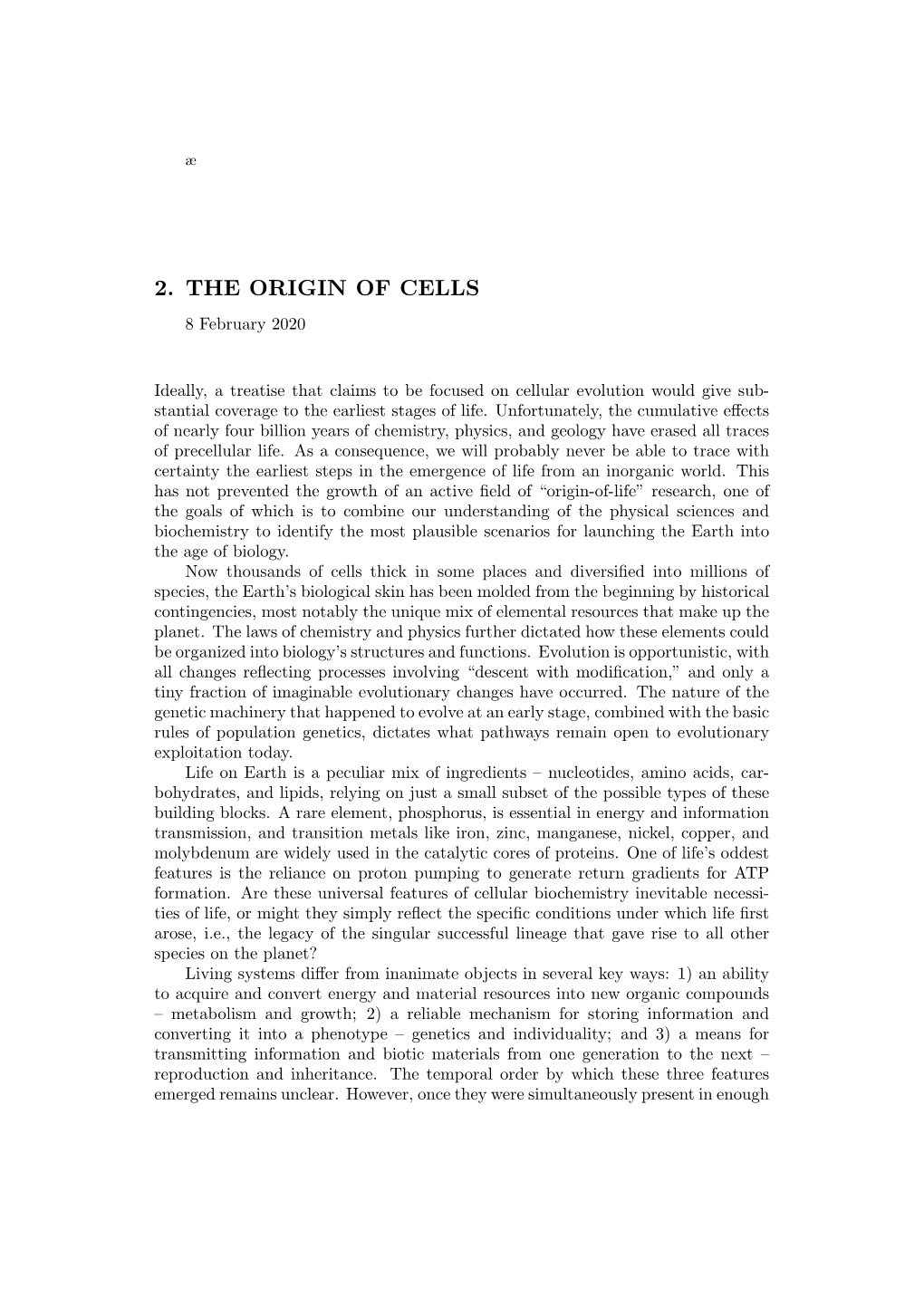 2. the ORIGIN of CELLS 8 February 2020