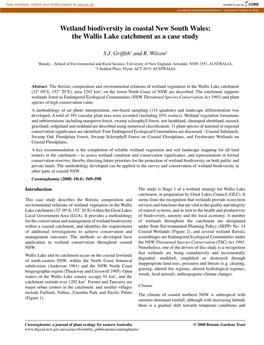 Wetland Biodiversity in Coastal New South Wales: the Wallis Lake Catchment As a Case Study