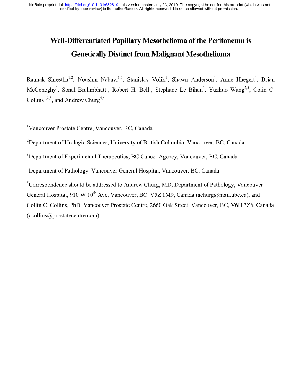 Well-Differentiated Papillary Mesothelioma of the Peritoneum Is Genetically Distinct from Malignant Mesothelioma