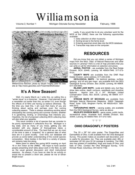 Williamsonia Volume 2, Number 1 Michigan Odonata Survey Newsletter February, 1998