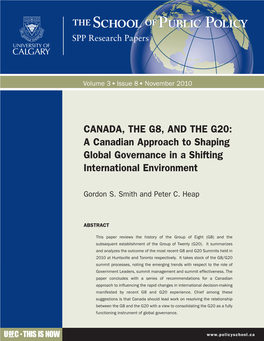 CANADA, the G8, and the G20: a Canadian Approach to Shaping Global Governance in a Shifting International Environment