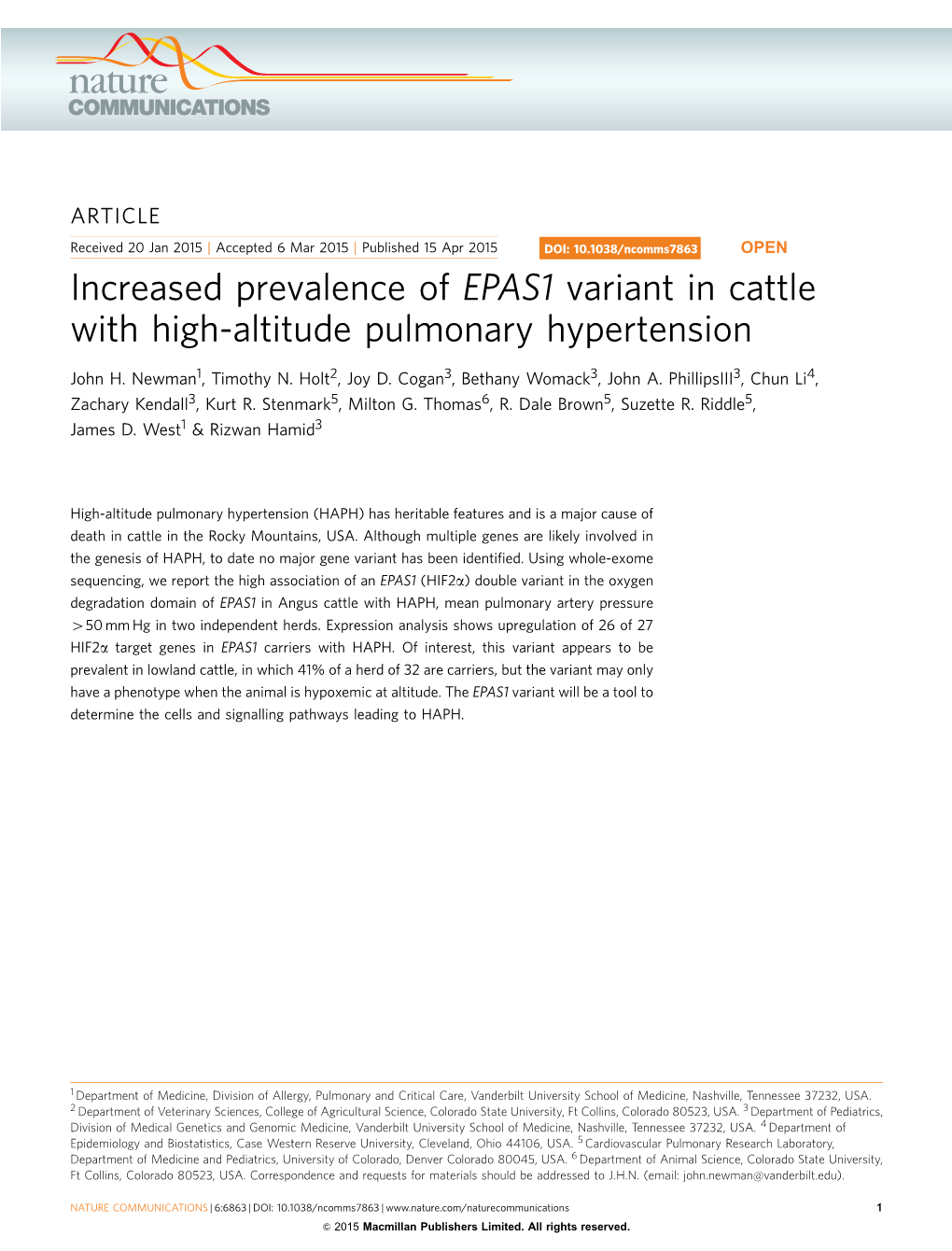 Increased Prevalence of EPAS1 Variant in Cattle with High-Altitude Pulmonary Hypertension