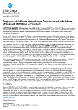 Stingray Appoints Former Montreal Mayor Denis Coderre Special Advisor, Strategy and International Development
