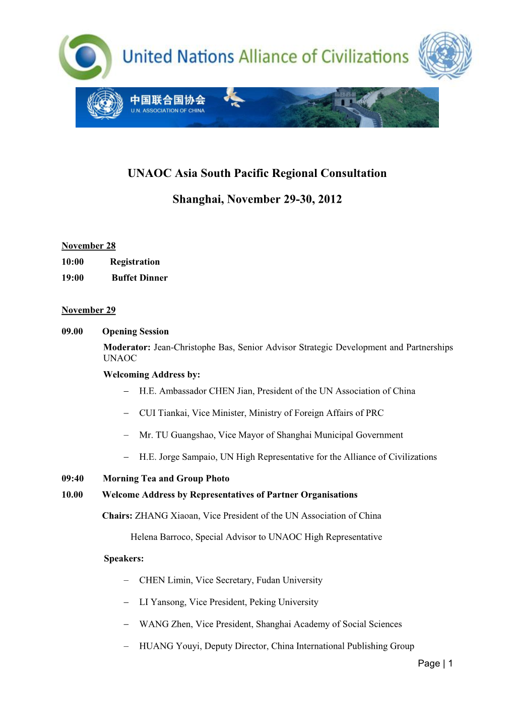 UNAOC Asia South Pacific Regional Consultation Shanghai, November