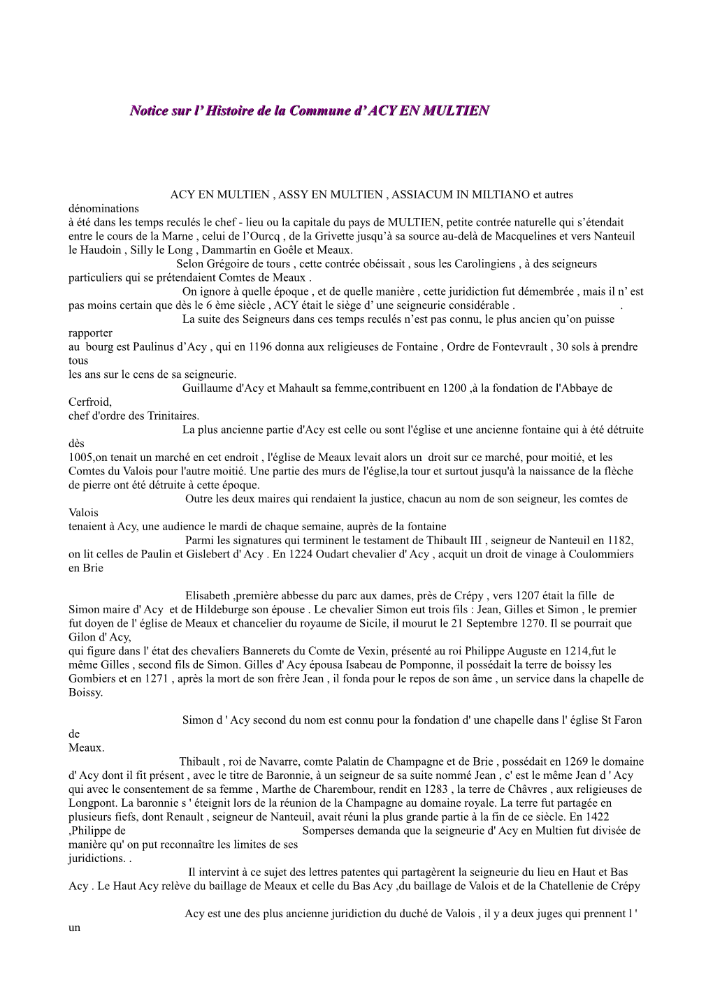 Notice Sur L' Histoire De La Commune D' ACY EN MULTIEN