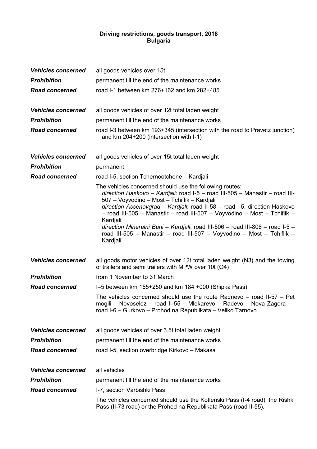 Driving Restrictions, Goods Transport, 2018 Bulgaria Vehicles Concerned