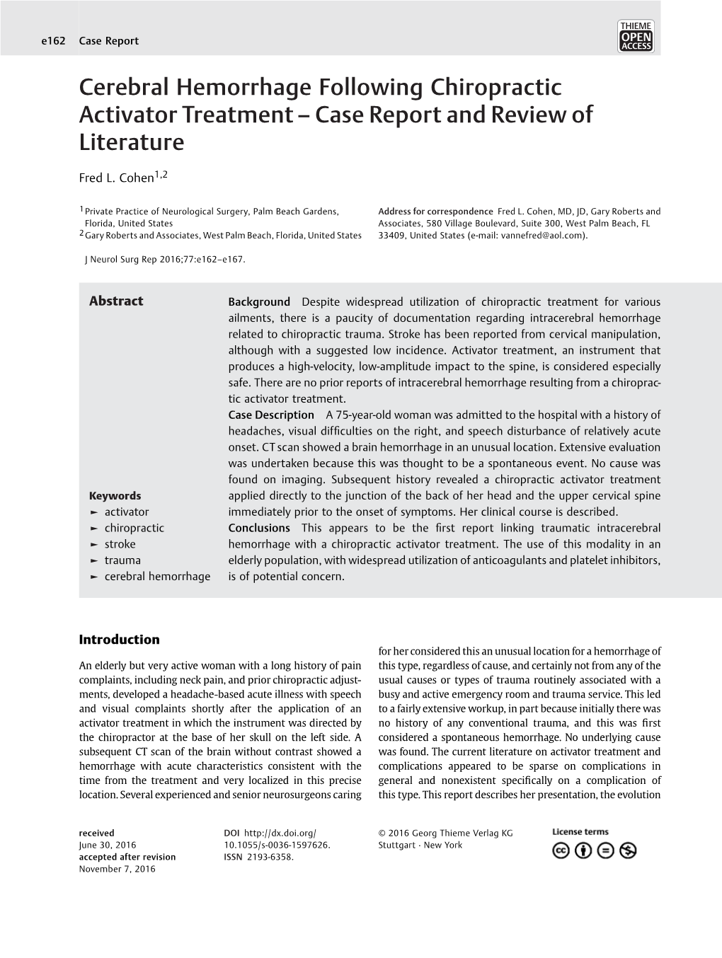 Cerebral Hemorrhage Following Chiropractic Activator Treatment – Case Report and Review of Literature