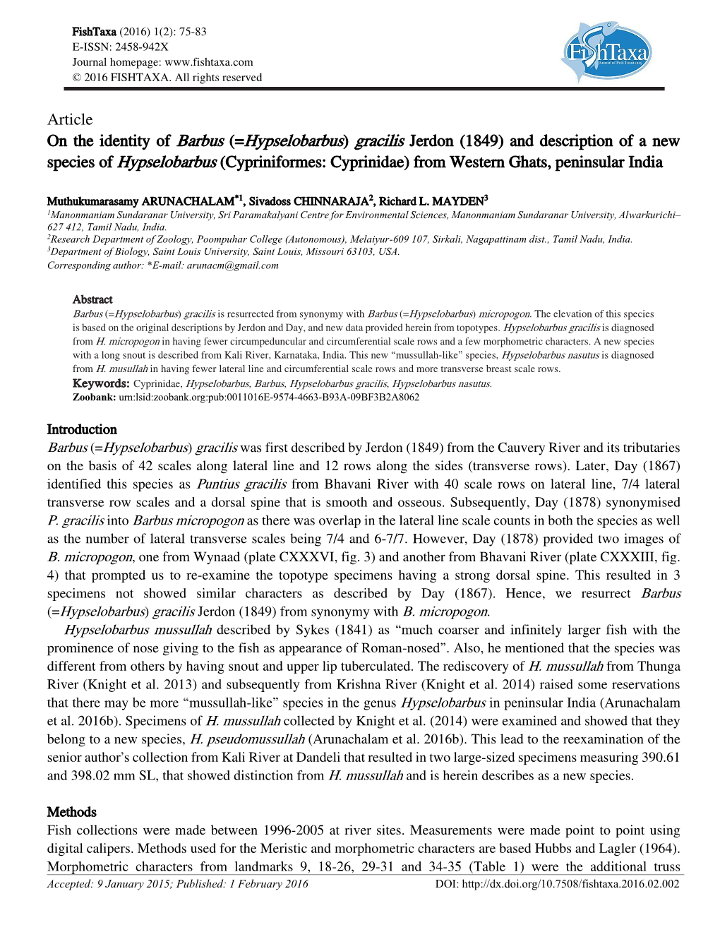 Article on the Identity of Barbus (=Hypselobarbus) Gracilis