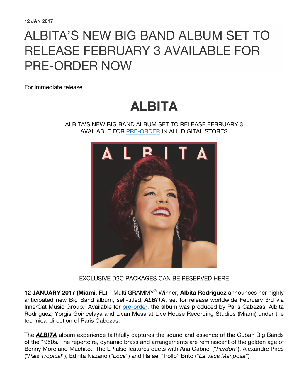 Albita's New Big Band Album Set to Release February 3 Available for Pre