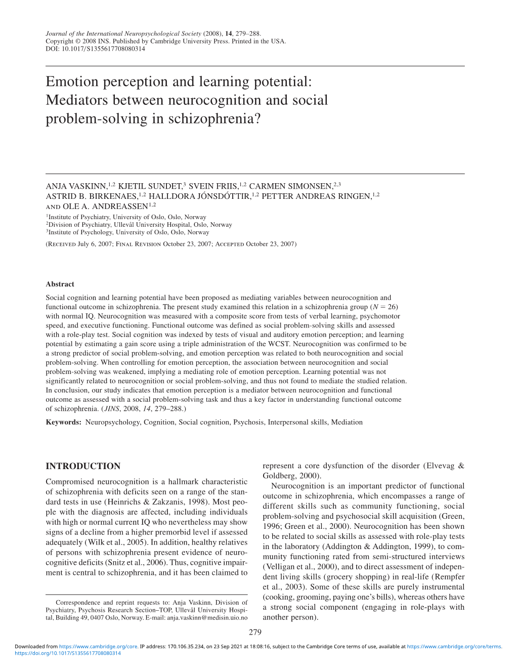 Mediators Between Neurocognition and Social Problem-Solving in Schizophrenia?