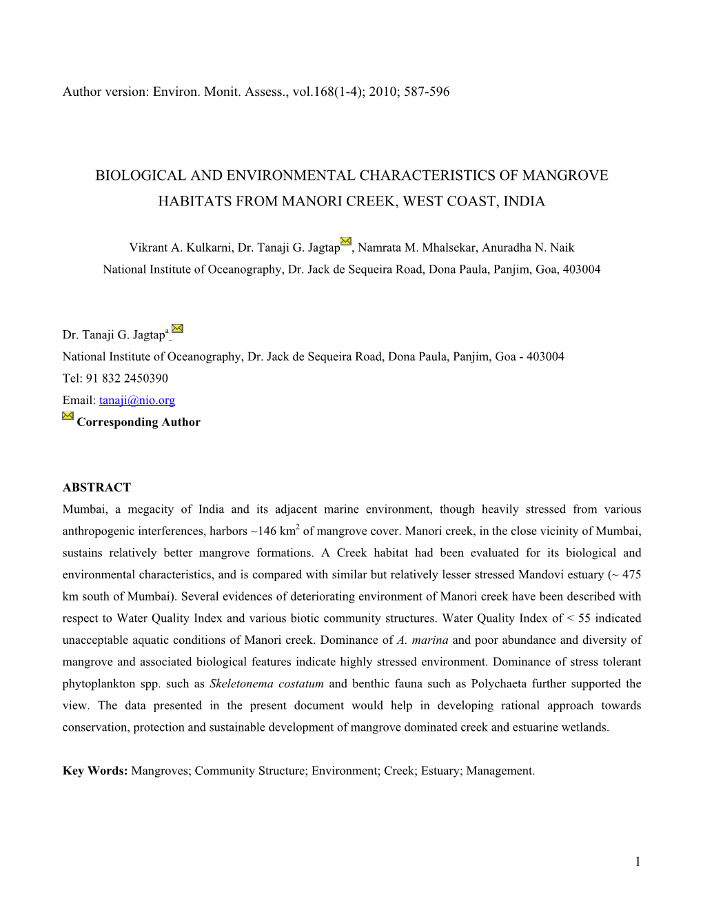 Biological and Environmental Characteristics of Mangrove Habitats from Manori Creek, West Coast, India