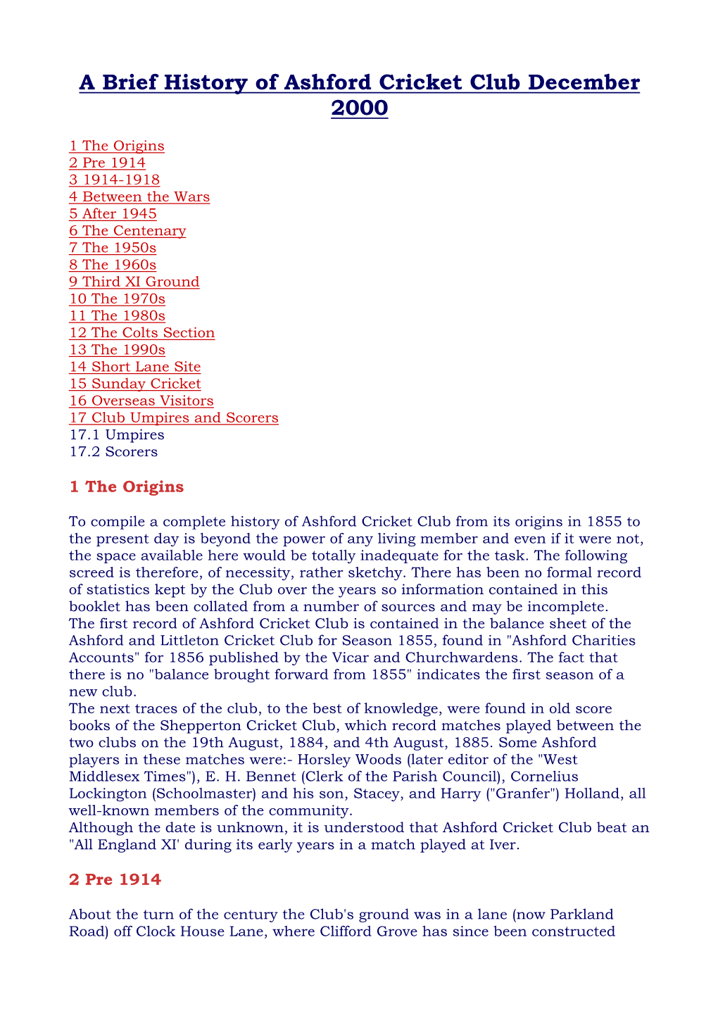 A Brief History of Ashford Cricket Club December 2000