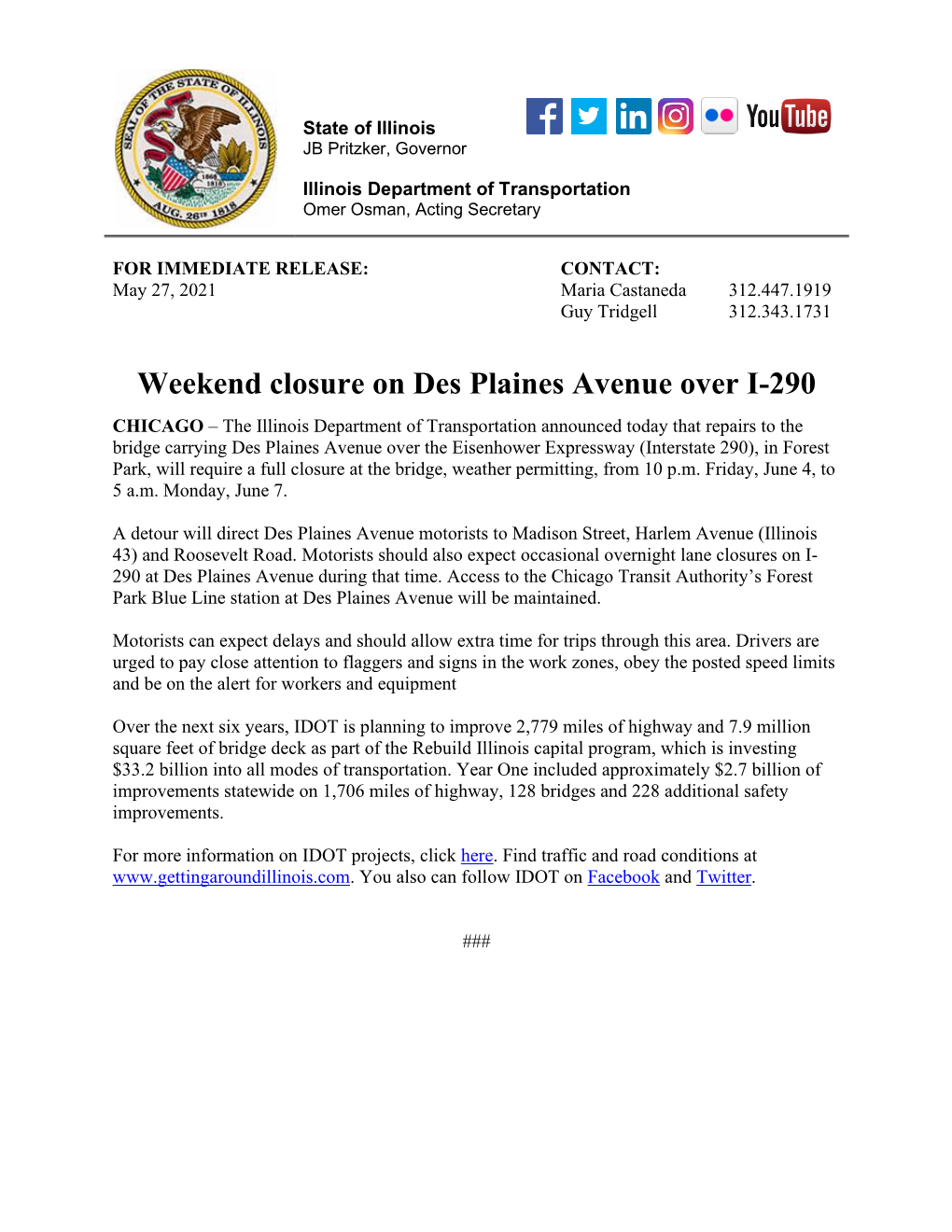 Weekend Closure on Des Plaines Avenue Over I-290