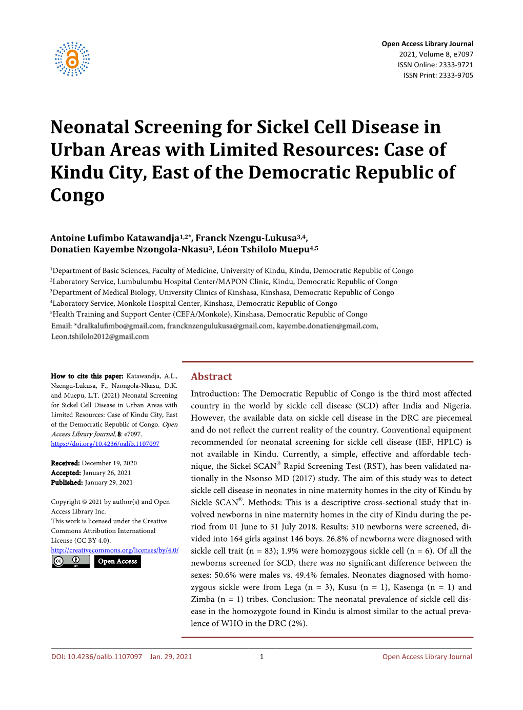 Neonatal Screening for Sickel Cell Disease in Urban Areas with Limited Resources: Case of Kindu City, East of the Democratic Republic of Congo