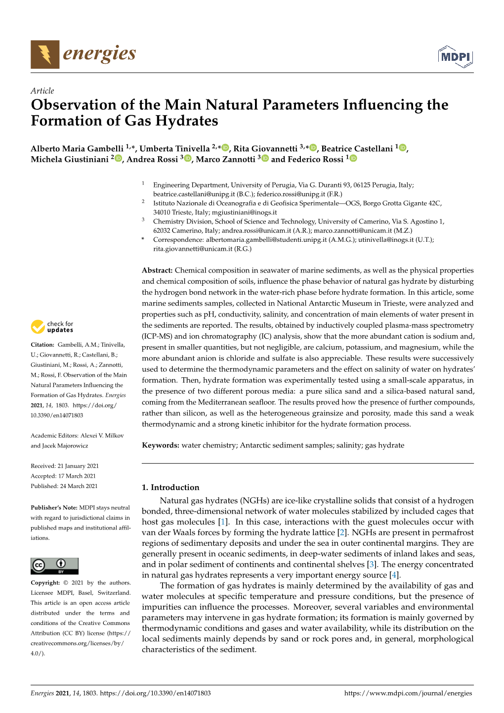 Observation of the Main Natural Parameters Influencing the Formation of Gas Hydrates