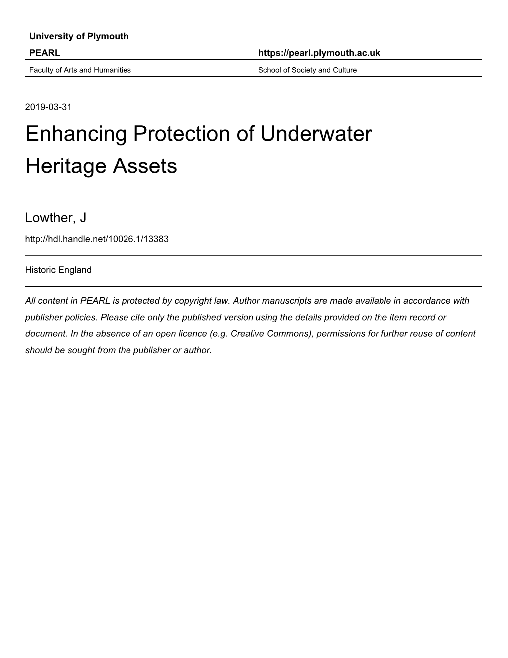 Enhancing Protection of Underwater Heritage Assets