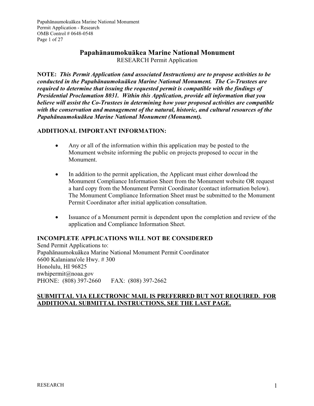 Papahānaumokuākea Marine National Monument Permit Application - Research OMB Control # 0648-0548 Page 1 of 27