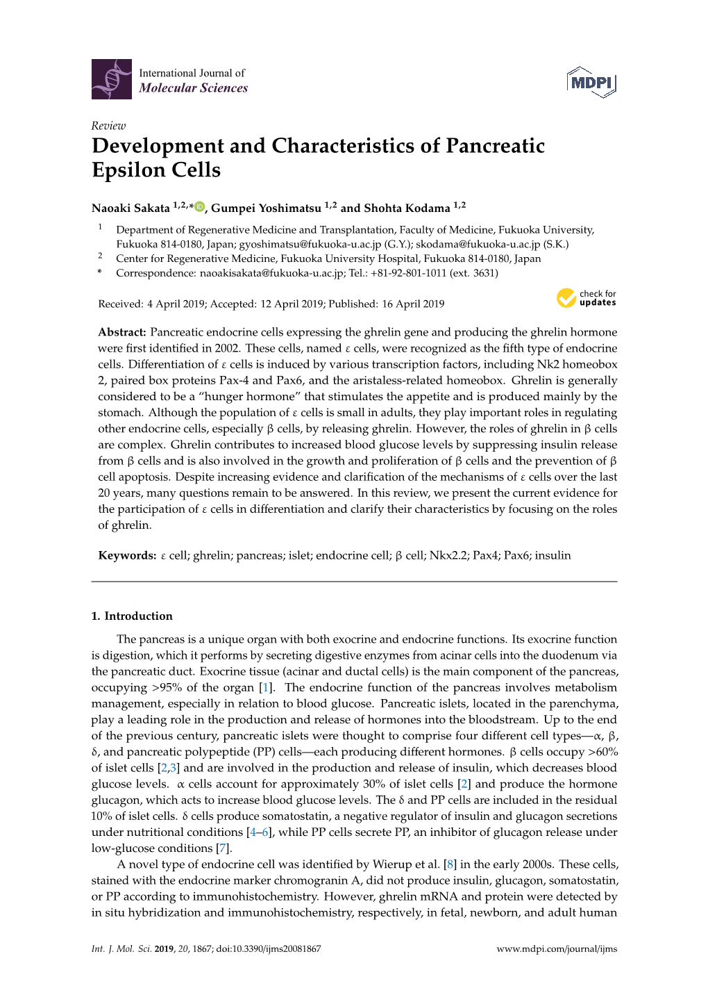 Development and Characteristics of Pancreatic Epsilon Cells