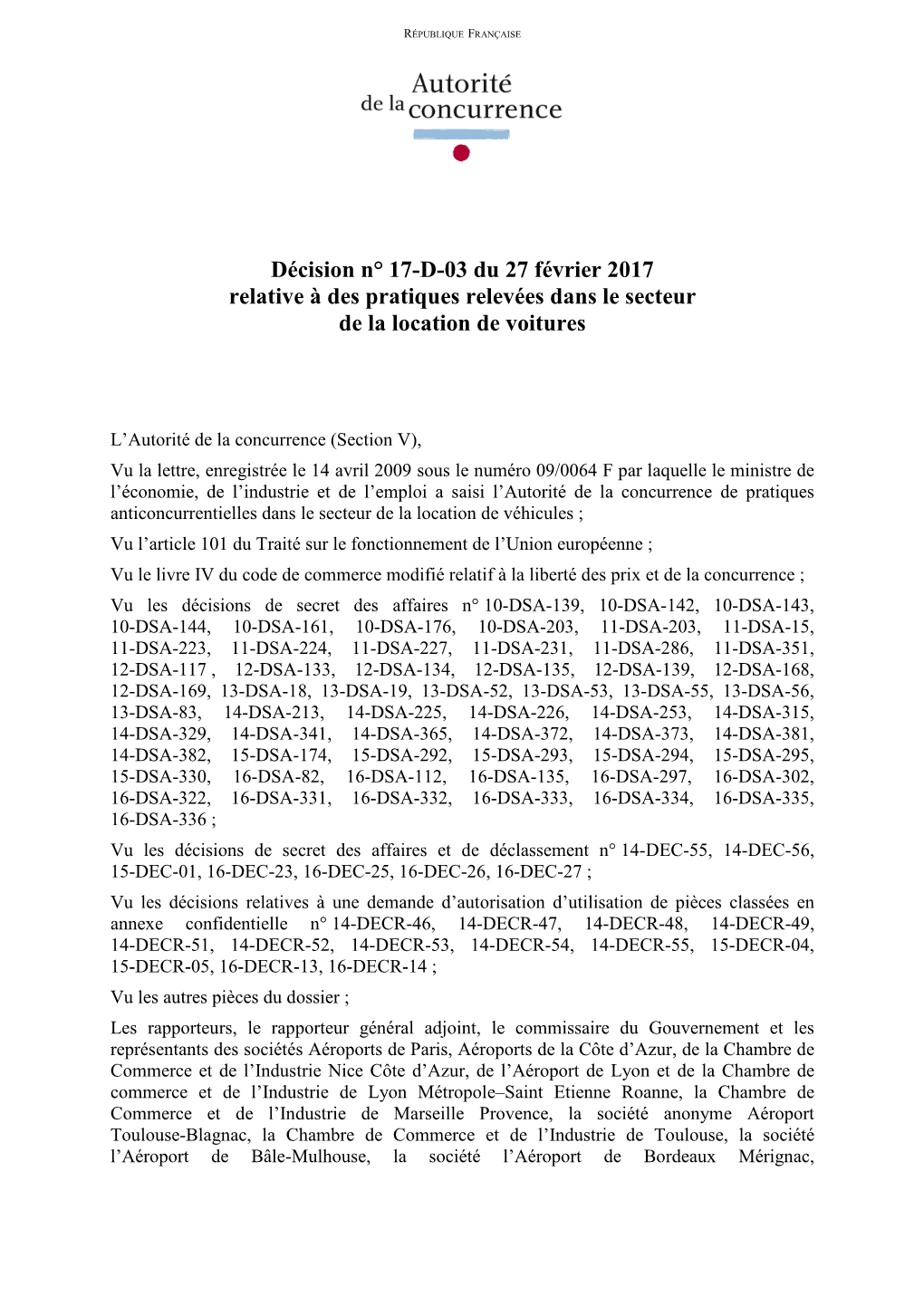 Décision N° 17-D-03 Du 27 Février 2017 Relative À Des Pratiques Relevées Dans Le Secteur De La Location De Voitures