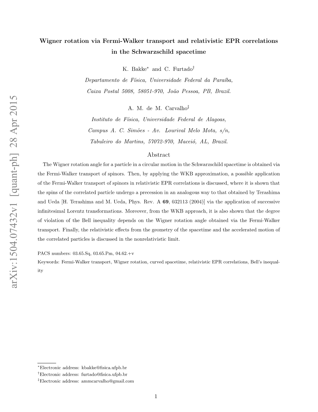 Wigner Rotation Via Fermi-Walker Transport and Relativistic EPR