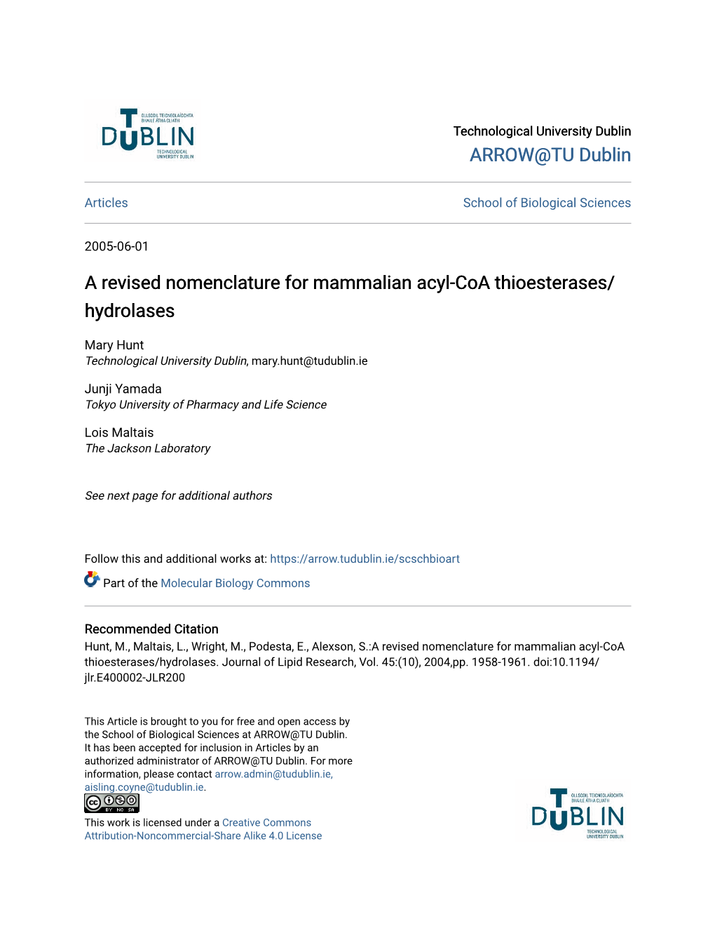 A Revised Nomenclature for Mammalian Acyl-Coa Thioesterases/ Hydrolases